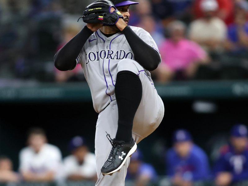 May 14, 2025; Arlington, Texas, USA; Colorado Rockies pitcher Antonio Senzatela (49) throws a pitch during the first inning against the Texas Rangers at Globe Life Field. Mandatory Credit: Tim Heitman-Imagn Images