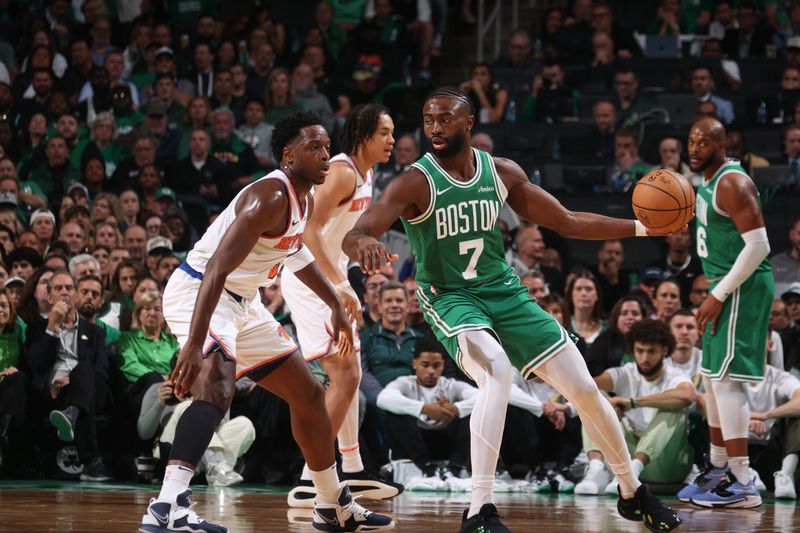 BOSTON, MA - OCTOBER 22: Jaylen Brown #7 of the Boston Celtics handles the ball during the game against the New York Knicks on October 22, 2024 at TD Garden in Boston, Massachusetts. NOTE TO USER: User expressly acknowledges and agrees that, by downloading and or using this Photograph, user is consenting to the terms and conditions of the Getty Images License Agreement. Mandatory Copyright Notice: Copyright 2024 NBAE (Photo by Nathaniel S. Butler/NBAE via Getty Images)