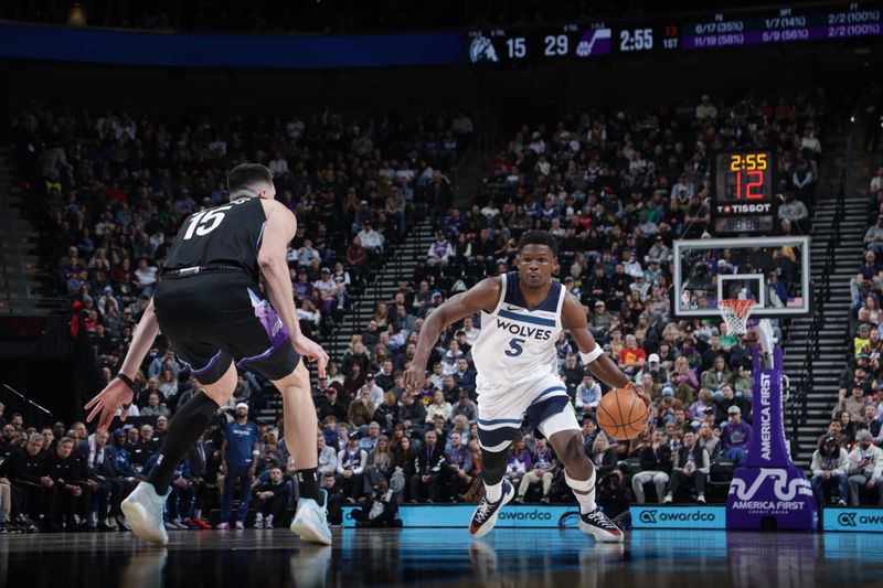 SALT LAKE CITY, UT - JANUARY 30:  Anthony Edwards #5 of the Minnesota Timberwolves dribbles the ball during the game against the Utah Jazz on January 30, 2025 at Delta Center in Salt Lake City, Utah. NOTE TO USER: User expressly acknowledges and agrees that, by downloading and or using this Photograph, User is consenting to the terms and conditions of the Getty Images License Agreement. Mandatory Copyright Notice: Copyright 2025 NBAE (Photo by Melissa Majchrzak/NBAE via Getty Images)