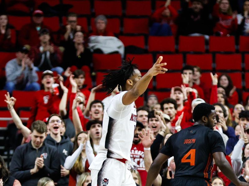 Jan 30, 2024; Raleigh, North Carolina, USA; shoots a three pointer during the second half against Miami (Fl) Hurricanes at PNC Arena. Mandatory Credit: Jaylynn Nash-USA TODAY Sports