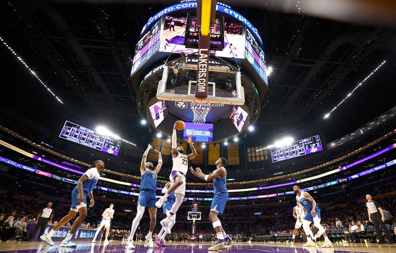 LOS ANGELES, CALIFORNIA - MARCH 10:  LeBron James #23 of the Los Angeles Lakers takes a shot against the Minnesota Timberwolves in the second half at Crypto.com Arena on March 10, 2024 in Los Angeles, California.  NOTE TO USER: User expressly acknowledges and agrees that, by downloading and/or using this photograph, user is consenting to the terms and conditions of the Getty Images License Agreement.  (Photo by Ronald Martinez/Getty Images)