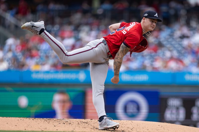 May 29, 2025; Philadelphia, Pennsylvania, USA; Atlanta Braves pitcher AJ Smith-Shawver (32) throws a pitch during the second inning against the Philadelphia Phillies at Citizens Bank Park. Mandatory Credit: Bill Streicher-Imagn Images