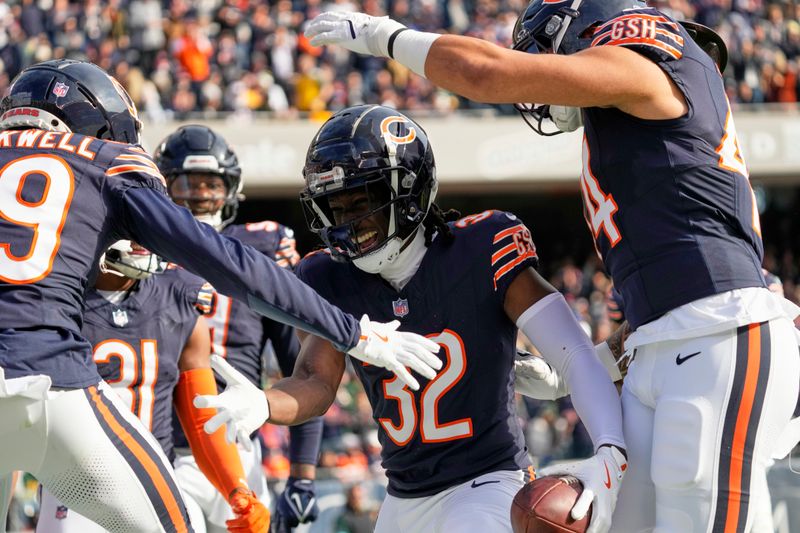 Chicago Bears' Terell Smith celebrates his interception during the first half of an NFL football game against the Green Bay Packers Sunday, Nov. 17, 2024, in Chicago. (AP Photo/Nam Y. Huh)