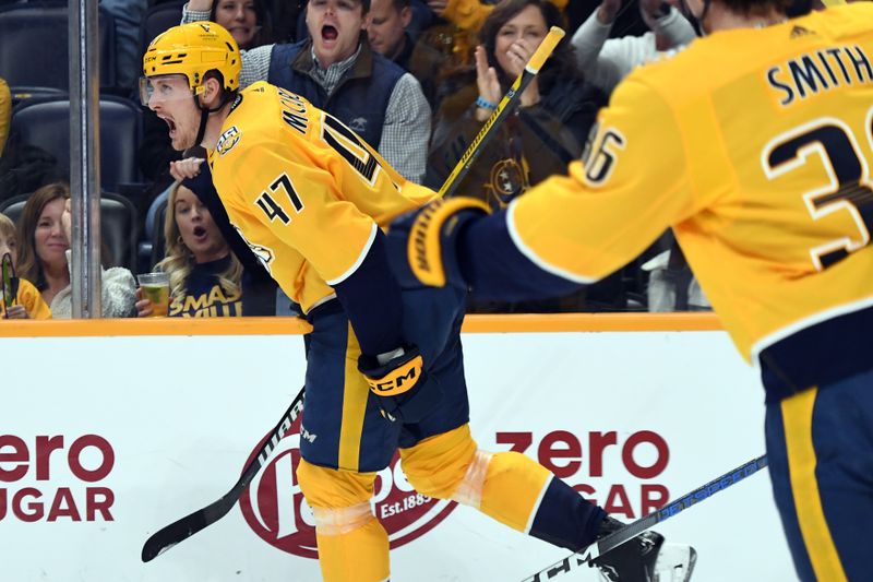 Apr 4, 2024; Nashville, Tennessee, USA; Nashville Predators right wing Michael McCarron (47) celebrates after a goal during the third period against the St. Louis Blues at Bridgestone Arena. Mandatory Credit: Christopher Hanewinckel-USA TODAY Sports