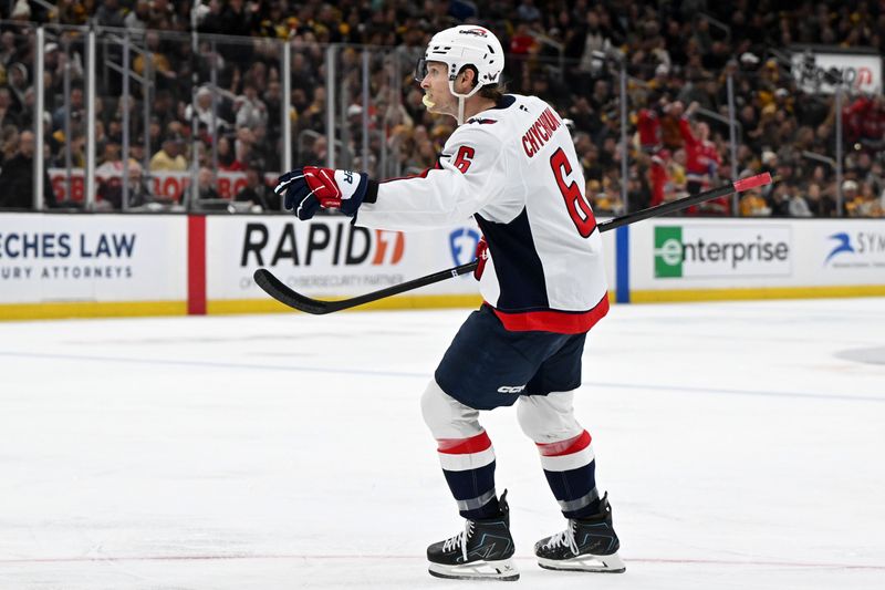 Mar 7, 2026; Boston, Massachusetts, USA; Washington Capitals defenseman Jakob Chychrun (6) reacts after a goal was scored by left wing Aliaksei Protas (21) during the second period of a game against the Boston Bruins at the TD Garden. Mandatory Credit: Brian Fluharty-Imagn Images