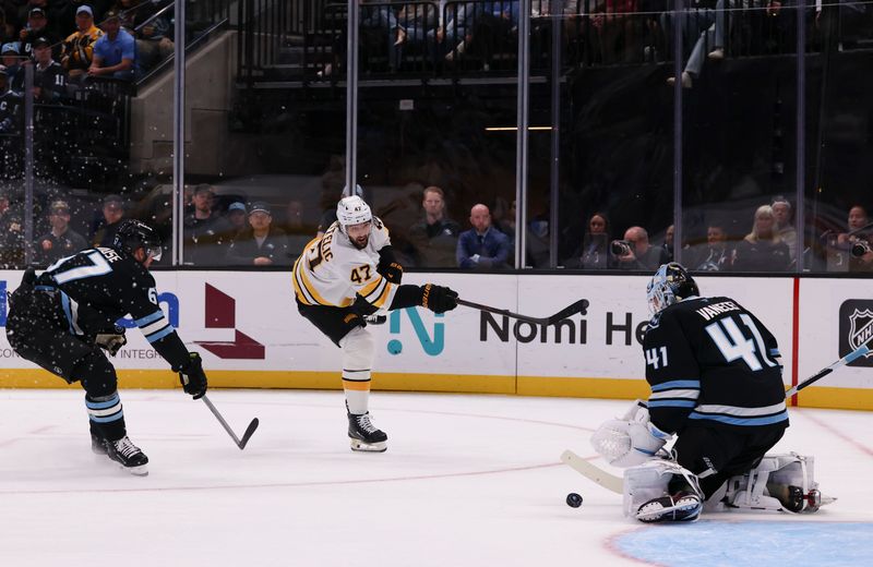 Oct 19, 2025; Salt Lake City, Utah, USA; Boston Bruins center Mark Kastelic (47) has a shot blocked by Utah Mammoth goaltender Vitek Vanecek (41) during the second period at Delta Center. Mandatory Credit: Rob Gray-Imagn Images