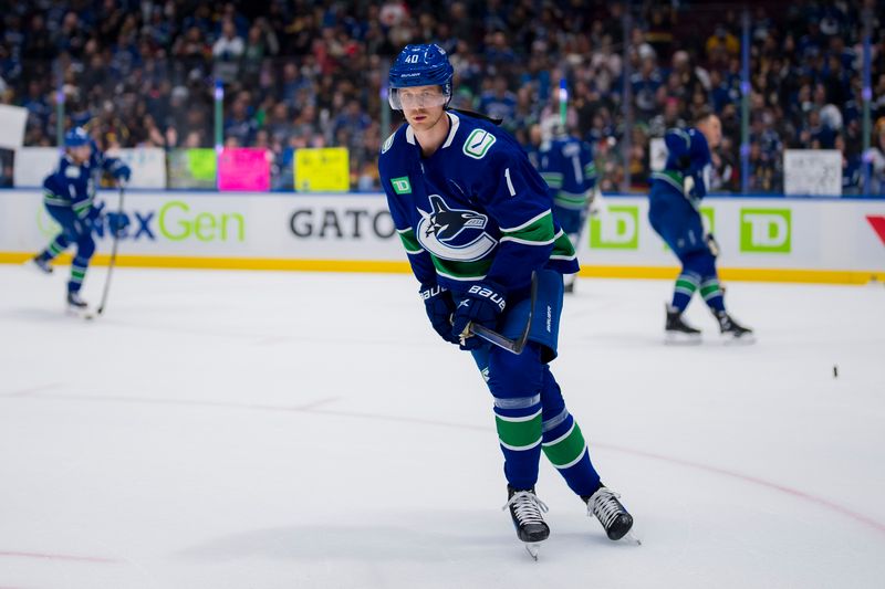 Dec 14, 2023; Vancouver, British Columbia, CAN; Vancouver Canucks forward Elias Pettersson (40) warms up wearing Roberto Luongo   s number 1 jersey prior to an on ice presentation before a game against the Florida Panthers the Canucks celebrate and honour the career of former Vancouver goalie Roberto Luongo.  There will be a ceremony for Luongo inducting him into the Vancouver Canucks Ring of Honour at Rogers Arena. Mandatory Credit: Bob Frid-USA TODAY Sports