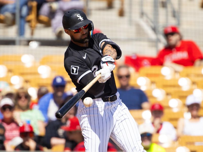 Mar 14, 2024; Phoenix, Arizona, USA; Chicago White Sox outfielder Kevin Pillar against the Los Angeles Angels during a spring training baseball game at Camelback Ranch-Glendale. Mandatory Credit: Mark J. Rebilas-USA TODAY Sports