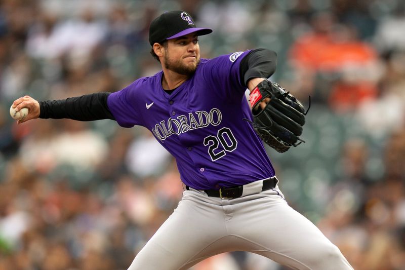 Jul 27, 2024; San Francisco, California, USA; Colorado Rockies pitcher Peter Lambert (20) delivers a pitch against the San Francisco Giants during the eighth inning at Oracle Park. Mandatory Credit: D. Ross Cameron-USA TODAY Sports