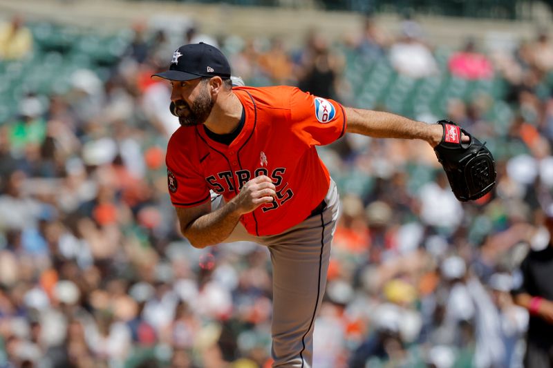 May 12, 2024; Detroit, Michigan, USA;  Houston Astros starting pitcher Justin Verlander (35) throws in the fifth inning against the Detroit Tigers at Comerica Park. Mandatory Credit: Rick Osentoski-USA TODAY Sports