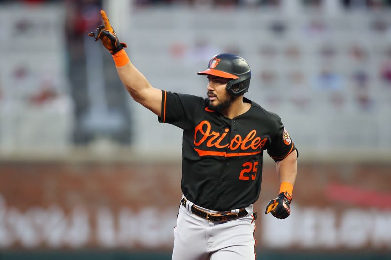 May 5, 2023; Atlanta, Georgia, USA; Baltimore Orioles right fielder Anthony Santander (25) celebrates after a home run against the Atlanta Braves in the fourth inning at Truist Park. Mandatory Credit: Brett Davis-USA TODAY Sports