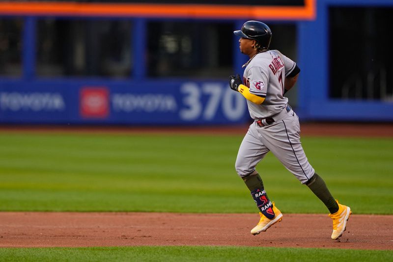 May 21, 2023; New York City, New York, USA; Cleveland Guardians third baseman Jose Ramirez (11) rounds the bases after hitting a home run against the New York Mets during the first inning at Citi Field. Mandatory Credit: Gregory Fisher-USA TODAY Sports