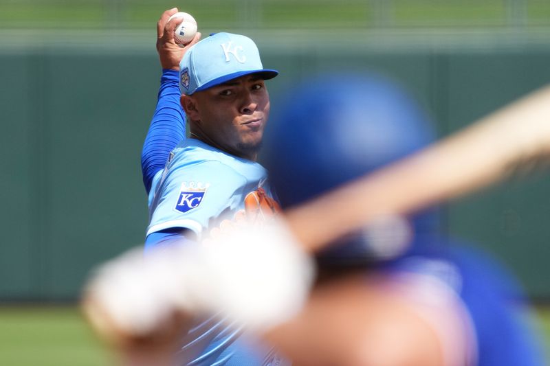 Mar 23, 2024; Surprise, Arizona, USA; Kansas City Royals relief pitcher Angel Zerpa (61) pitches against the Texas Rangers during the fourth inning at Surprise Stadium. Mandatory Credit: Joe Camporeale-USA TODAY Sports