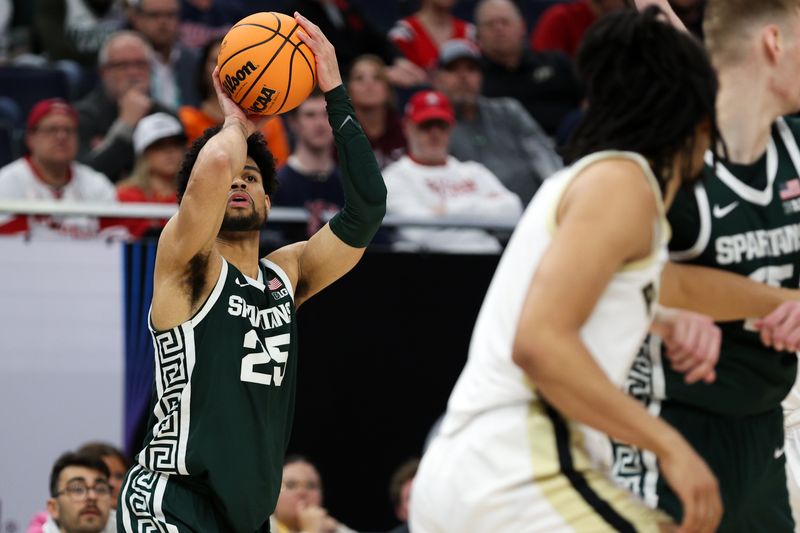 Mar 15, 2024; Minneapolis, MN, USA; Michigan State Spartans forward Malik Hall (25) shoots against the Purdue Boilermakers during the second half at Target Center. Mandatory Credit: Matt Krohn-USA TODAY Sports