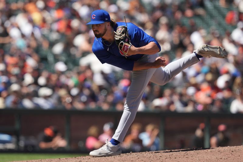 Jun 27, 2024; San Francisco, California, USA; Chicago Cubs relief pitcher Porter Hodge (37) throws a pitch against the San Francisco Giants during the tenth inning at Oracle Park. Mandatory Credit: Darren Yamashita-USA TODAY Sports