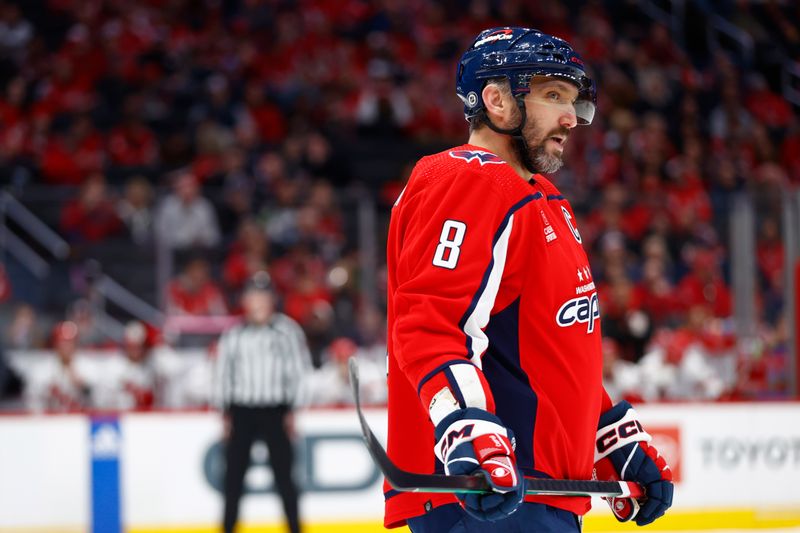 Mar 22, 2024; Washington, District of Columbia, USA; Washington Capitals left wing Alex Ovechkin (8) looks on from the ice during the first period against the Carolina Hurricanes at Capital One Arena. Mandatory Credit: Amber Searls-USA TODAY Sports