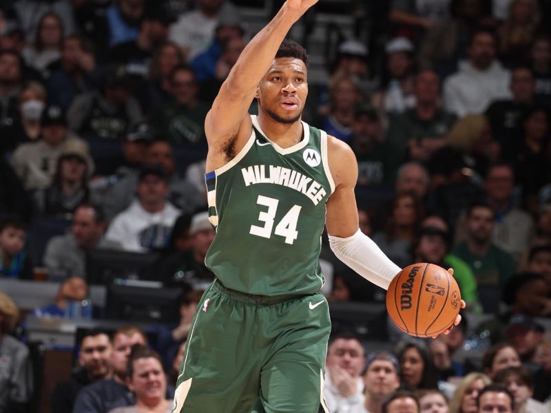 MINNEAPOLIS, MN -  FEBRUARY 23: Giannis Antetokounmpo #34 of the Milwaukee Bucks handles the ball during the game  on February 23, 2024 at Target Center in Minneapolis, Minnesota. NOTE TO USER: User expressly acknowledges and agrees that, by downloading and or using this Photograph, user is consenting to the terms and conditions of the Getty Images License Agreement. Mandatory Copyright Notice: Copyright 2024 NBAE (Photo by David Sherman/NBAE via Getty Images)