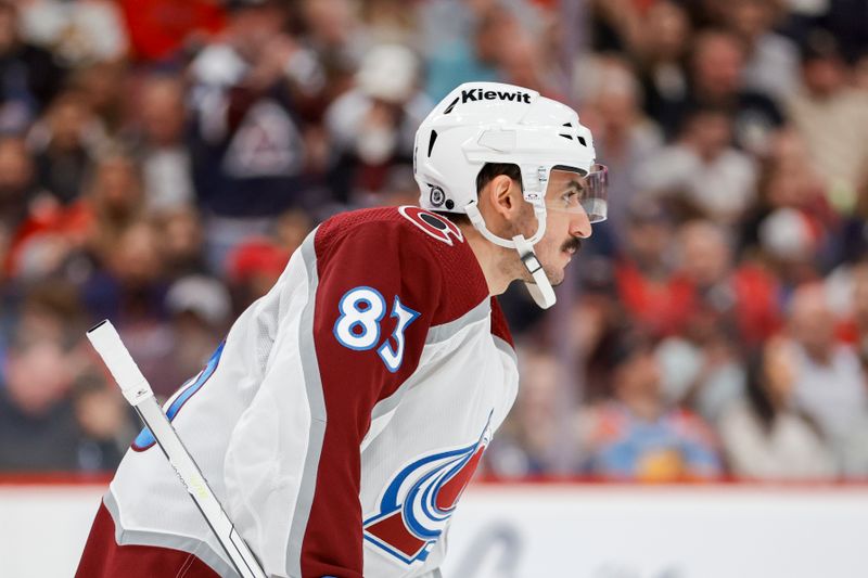 Feb 11, 2023; Sunrise, Florida, USA; Colorado Avalanche left wing Matt Nieto (83) looks on after scoring during the first period against the Florida Panthers at FLA Live Arena. Mandatory Credit: Sam Navarro-USA TODAY Sports