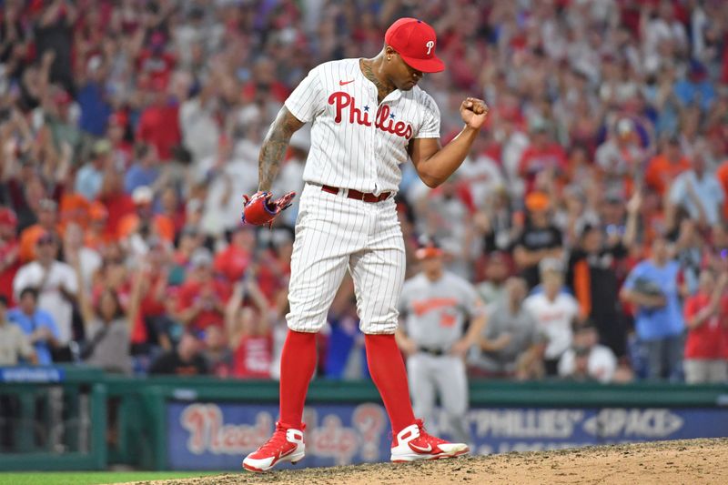 Jul 26, 2023; Philadelphia, Pennsylvania, USA; Philadelphia Phillies relief pitcher Gregory Soto (30) reacts after getting the final out during the ninth inning against the Baltimore Orioles at Citizens Bank Park. Mandatory Credit: Eric Hartline-USA TODAY Sports