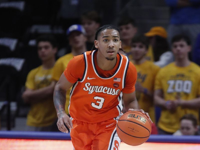 Jan 16, 2024; Pittsburgh, Pennsylvania, USA; Syracuse Orange guard Judah Mintz (3) brings the ball up court against the Pittsburgh Panthers during the first half at the Petersen Events Center. Mandatory Credit: Charles LeClaire-USA TODAY Sports