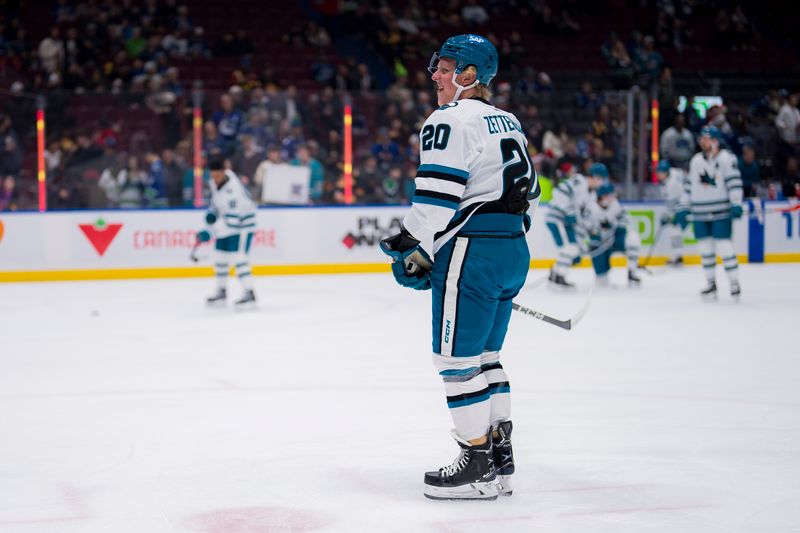 Dec 23, 2023; Vancouver, British Columbia, CAN; San Jose Sharks forward Fabian Zetterlund (20) smiles during warm up prior to a game against the Vancouver Canucks at Rogers Arena. Mandatory Credit: Bob Frid-USA TODAY Sports