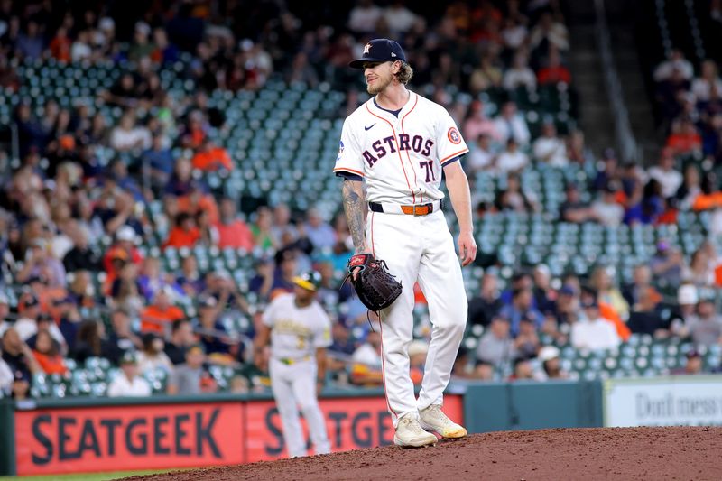 May 28, 2025; Houston, Texas, USA; Houston Astros relief pitcher Josh Hader (71) reacts after a strikeout against the Athletics during the ninth inning at Daikin Park. Mandatory Credit: Erik Williams-Imagn Images