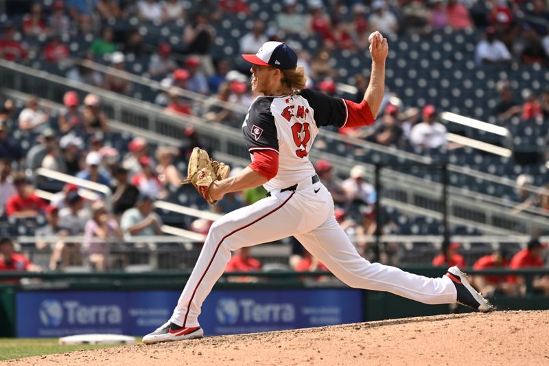 May 26, 2024; Washington, District of Columbia, USA; Washington Nationals relief pitcher Jordan Weems (51) throws a pitch against the Seattle Mariners during the eighth inning at Nationals Park. Mandatory Credit: Rafael Suanes-USA TODAY Sports