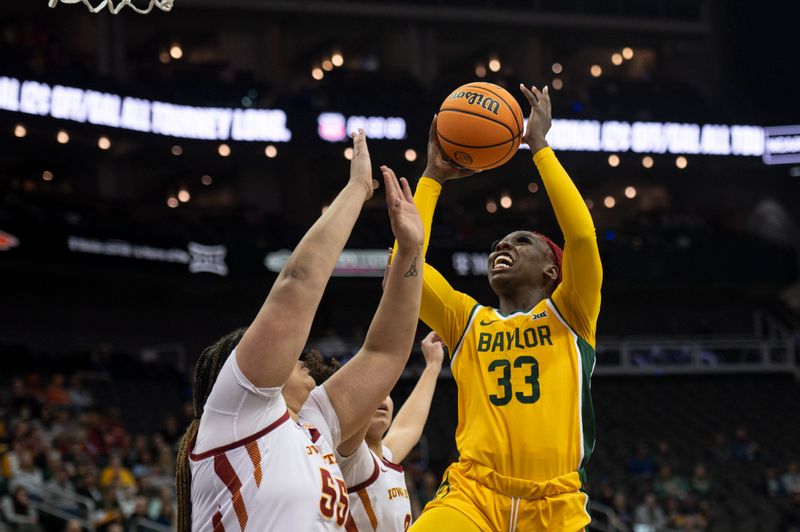 Mar 9, 2024; Kansas City, MO, USA; Baylor Lady Bears guard Aijha Blackwell (33) shoots the ball while defended by Iowa State Cyclones center Audi Crooks (55) during the first half at T-Mobile Center. Mandatory Credit: Amy Kontras-USA TODAY Sports