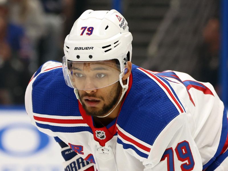 Mar 14, 2024; Tampa, Florida, USA; New York Rangers defenseman K'Andre Miller (79) looks on against the Tampa Bay Lightning during the first period at Amalie Arena. Mandatory Credit: Kim Klement Neitzel-USA TODAY Sports