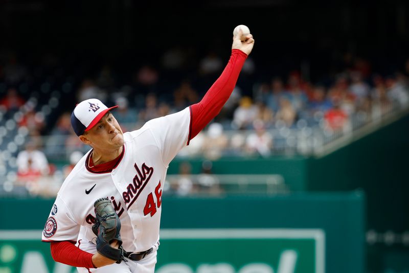 Apr 16, 2023; Washington, District of Columbia, USA; Washington Nationals starting pitcher Patrick Corbin (46) pitches against the Cleveland Guardians during the first inning at Nationals Park. Mandatory Credit: Geoff Burke-USA TODAY Sports