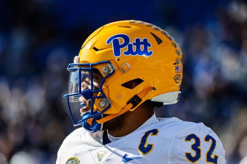 Nov 25, 2023; Durham, North Carolina, USA; Pittsburgh Panthers linebacker Shayne Simon (32) looks on during the first half of the game against Duke Blue Devils at Wallace Wade Stadium. Mandatory Credit: Jaylynn Nash-USA TODAY Sports