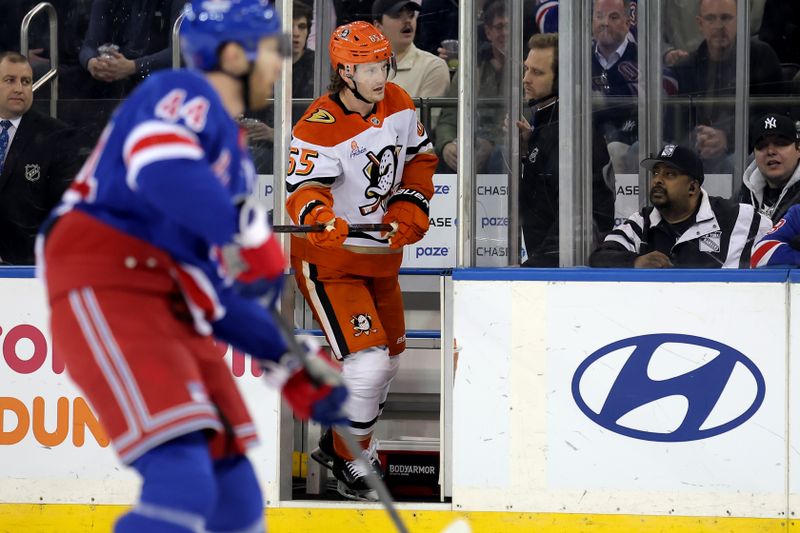 Dec 15, 2025; New York, New York, USA; Anaheim Ducks defenseman Jacob Trouba (65) exits the penalty box after his tripping penalty during the first period against the New York Rangers at Madison Square Garden. Mandatory Credit: Brad Penner-Imagn Images