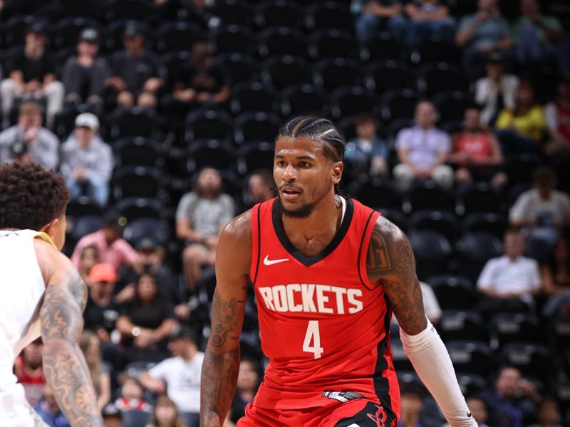 SALT LAKE CITY, UT - OCTOBER 7: Jalen Green #4 of the Houston Rockets handles the ball during the game against the Utah Jazz during a NBA preseason game on October 7, 2024 at the Delta Center in Salt Lake City, Utah. NOTE TO USER: User expressly acknowledges and agrees that, by downloading and or using this Photograph, User is consenting to the terms and conditions of the Getty Images License Agreement. Mandatory Copyright Notice: Copyright 2024 NBAE (Photo by Melissa Majchrzak/NBAE via Getty Images)