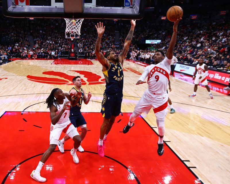 TORONTO, CANADA - NOVEMBER 18: RJ Barrett #9 of the Toronto Raptors shoots the ball during the game against the Indiana Pacers on November 18, 2024 at the Scotiabank Arena in Toronto, Ontario, Canada.  NOTE TO USER: User expressly acknowledges and agrees that, by downloading and or using this Photograph, user is consenting to the terms and conditions of the Getty Images License Agreement.  Mandatory Copyright Notice: Copyright 2024 NBAE (Photo by Vaughn Ridley/NBAE via Getty Images)