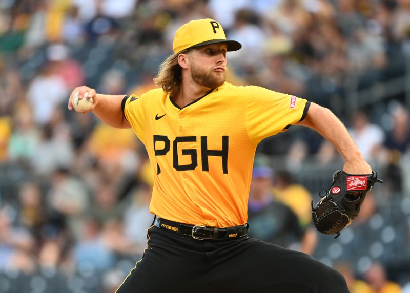 Jun 21, 2024; Pittsburgh, Pennsylvania, USA; Pittsburgh Pirates starting pitcher Carmen Modzinski (50) throws a first-inning pitch against the Tampa Bay Rays at PNC Park. Mandatory Credit: Philip G. Pavely-USA TODAY Sports