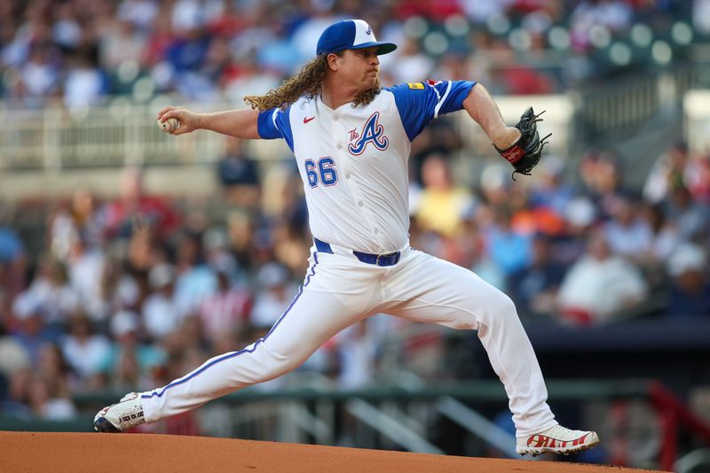 Aug 3, 2024; Atlanta, Georgia, USA; Atlanta Braves relief pitcher Grant Holmes (66) throws against the Miami Marlins in the first inning at Truist Park. Mandatory Credit: Brett Davis-USA TODAY Sports
