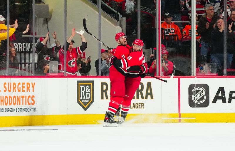 Mar 21, 2024; Raleigh, North Carolina, USA; Carolina Hurricanes left wing Jordan Martinook (48) is congratulated by center Jordan Staal (11) after his goal against the Philadelphia Flyers during the second period at PNC Arena. Mandatory Credit: James Guillory-USA TODAY Sports