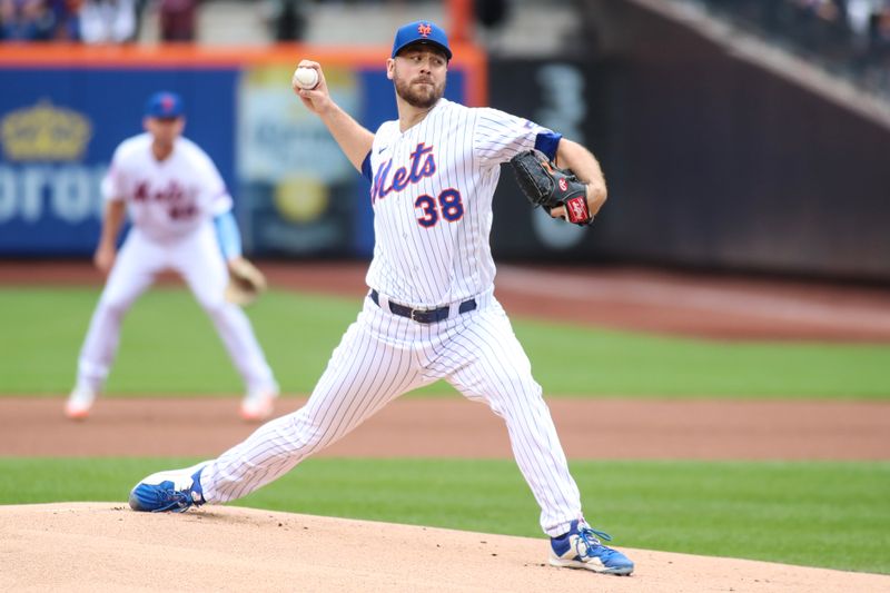 Jun 3, 2023; New York City, New York, USA;  New York Mets starting pitcher Tylor Megill (38) pitches in the first inning against the Toronto Blue Jays at Citi Field. Mandatory Credit: Wendell Cruz-USA TODAY Sports