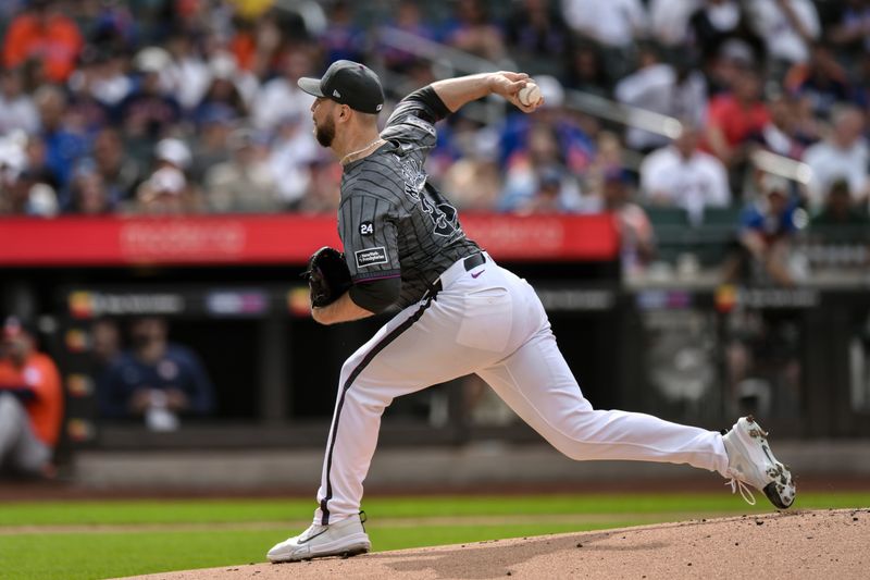 Jun 29, 2024; New York City, New York, USA; New York Mets pitcher Tylor Megill (38) pitches against the Houston Astros during the first inning at Citi Field. Mandatory Credit: John Jones-USA TODAY Sports