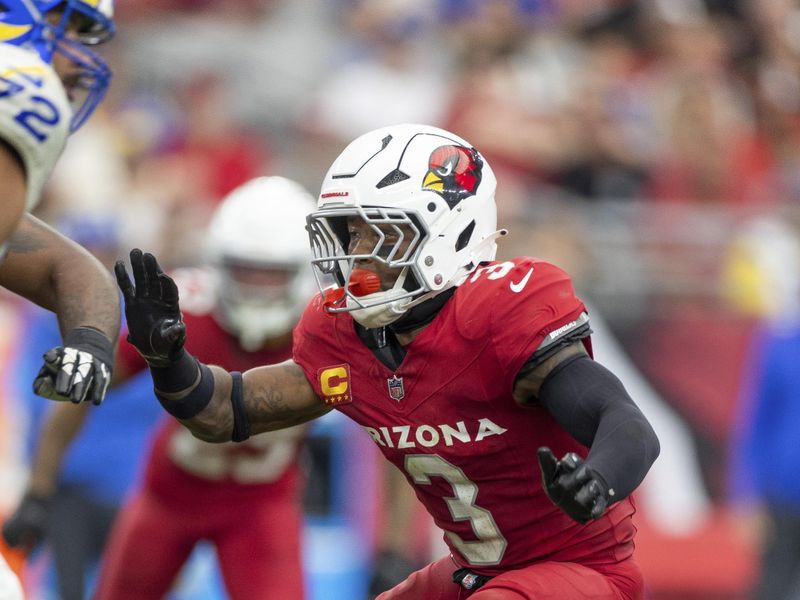 Arizona Cardinals safety Budda Baker (3) against the Los Angeles Rams in an NFL football game, Sunday, Sept. 15, 2024, in Glendale, Ariz. Cardinals defeated the Rams 41-10. (AP Photo/Jeff Lewis)