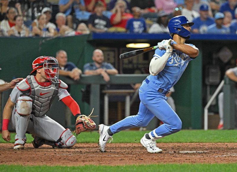 Aug 12, 2023; Kansas City, Missouri, USA;  Kansas City Royals right fielder MJ Melendez (1) singles in the ninth inning against the St. Louis Cardinals at Kauffman Stadium. Mandatory Credit: Peter Aiken-USA TODAY Sports