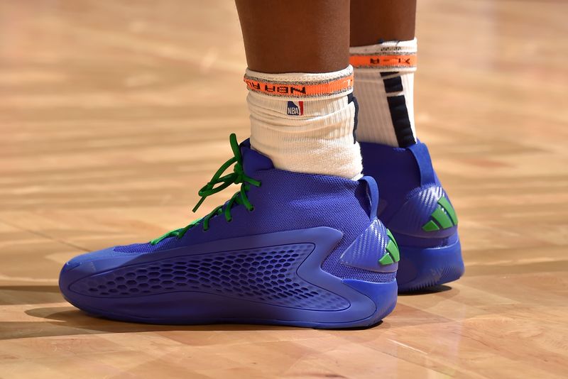 CLEVELAND, OH - MARCH 8: The sneakers worn by Anthony Edwards #5 of the Minnesota Timberwolves during the game against the Cleveland Cavaliers on March 8, 2024 at Rocket Mortgage FieldHouse in Cleveland, Ohio. NOTE TO USER: User expressly acknowledges and agrees that, by downloading and/or using this Photograph, user is consenting to the terms and conditions of the Getty Images License Agreement. Mandatory Copyright Notice: Copyright 2024 NBAE (Photo by David Liam Kyle/NBAE via Getty Images)