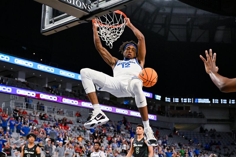 Mar 11, 2023; Fort Worth, TX, USA; Memphis Tigers forward DeAndre Williams (12) dunks the ball against the Tulane Green Wave during the first half at Dickies Arena. Mandatory Credit: Jerome Miron-USA TODAY Sports