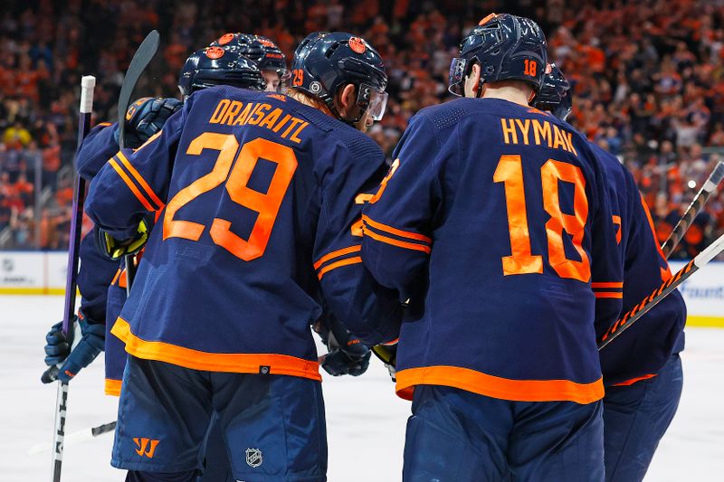 Feb 15, 2023; Edmonton, Alberta, CAN;  The Edmonton Oilers celebrate a goal scored by forward Leon Draisaitl (29) during the third period against the Detroit Red Wingsat Rogers Place. Mandatory Credit: Perry Nelson-USA TODAY Sports