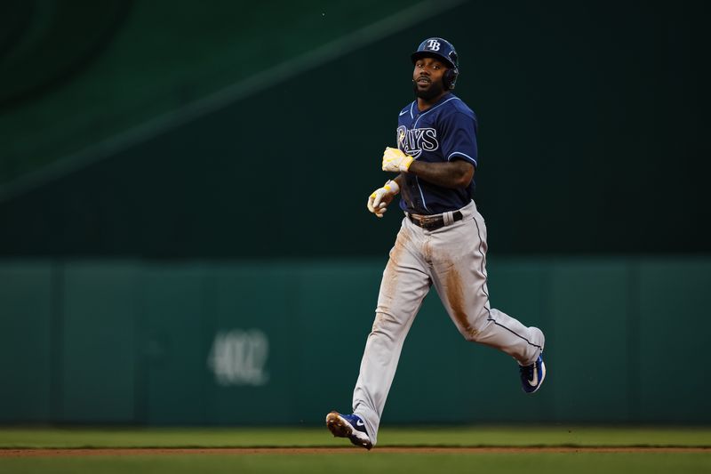 Apr 3, 2023; Washington, District of Columbia, USA; Tampa Bay Rays designated hitter Randy Arozarena (56) rounds the bases after a home run by first baseman Luke Raley (55) against the Washington Nationals during the first inning at Nationals Park. Mandatory Credit: Scott Taetsch-USA TODAY Sports