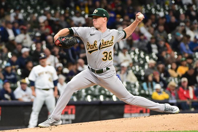 Jun 11, 2023; Milwaukee, Wisconsin, USA; Oakland Athletes pitcher JP Sears (38) pitches against the Milwaukee Brewers in the first inning at American Family Field. Mandatory Credit: Benny Sieu-USA TODAY Sports