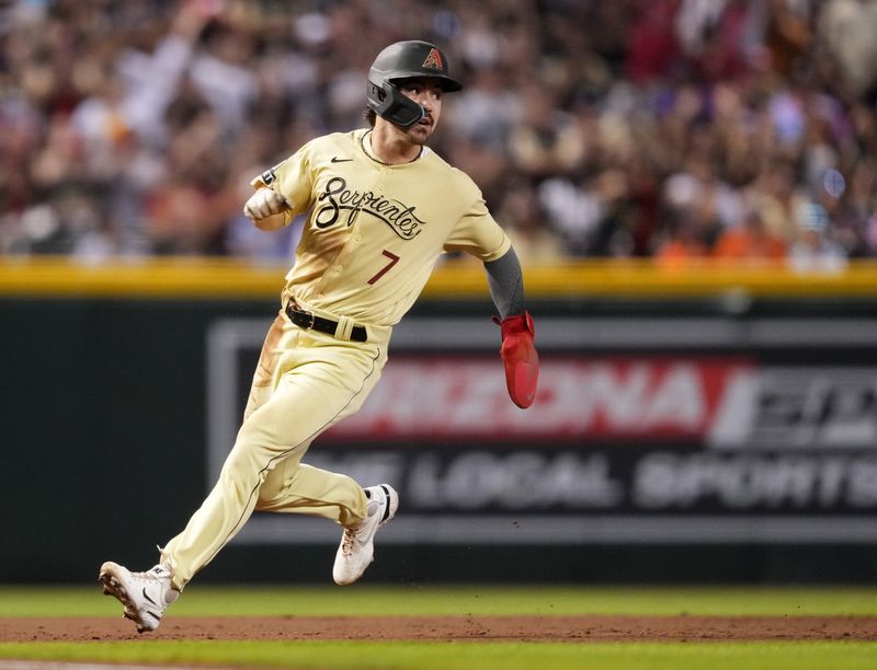 Sep 2, 2023; Phoenix, Arizona, USA; Arizona Diamondbacks right fielder Corbin Carroll (7) against the Baltimore Orioles at Chase Field. Mandatory Credit: Joe Camporeale-USA TODAY Sports