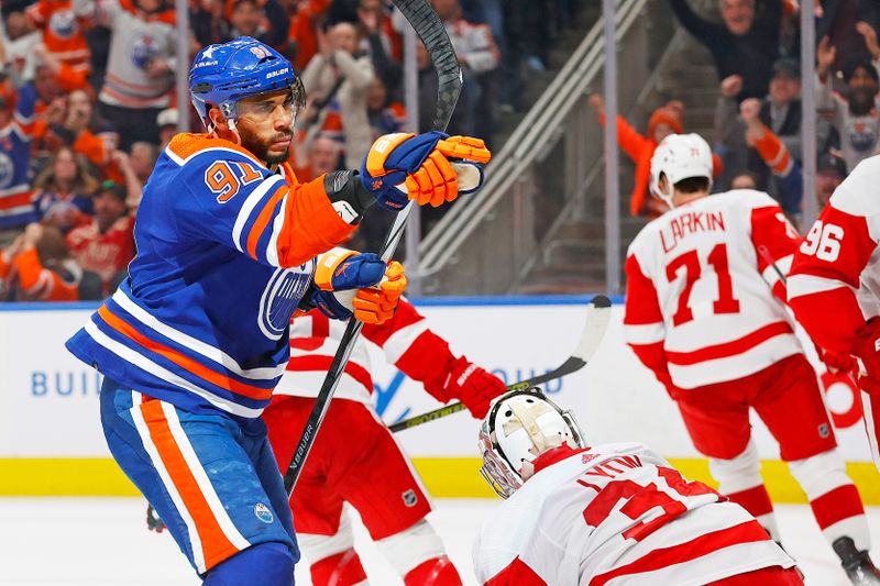 Feb 13, 2024; Edmonton, Alberta, CAN; Edmonton Oilers forward Evander Kane (91) celebrates after scoring a goal during the third period against the Detroit Red Wings at Rogers Place. Mandatory Credit: Perry Nelson-USA TODAY Sports