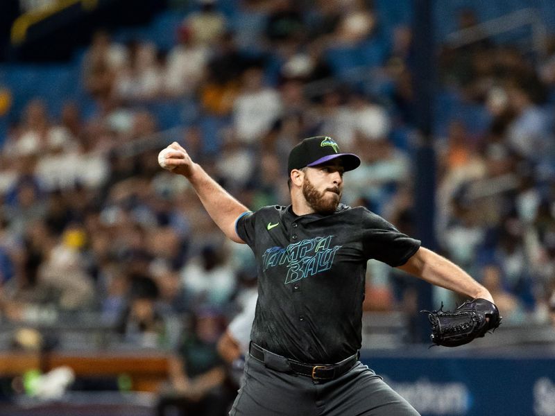 Jun 29, 2024; St. Petersburg, Florida, USA; Tampa Bay Rays pitcher Aaron Civale (34) pitches the ball against the Washington Nationals during the third inning at Tropicana Field. Mandatory Credit: Matt Pendleton-USA TODAY Sports