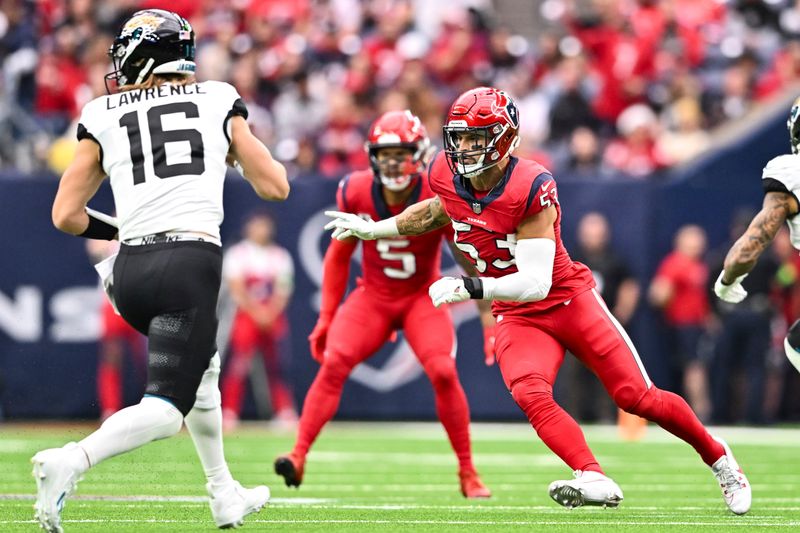 Houston Texans linebacker Blake Cashman (53) in action against the Jacksonville Jaguars during an NFL football game, Sunday, Nov 26, 2023, in Houston. (AP Photo/Maria Lysaker)